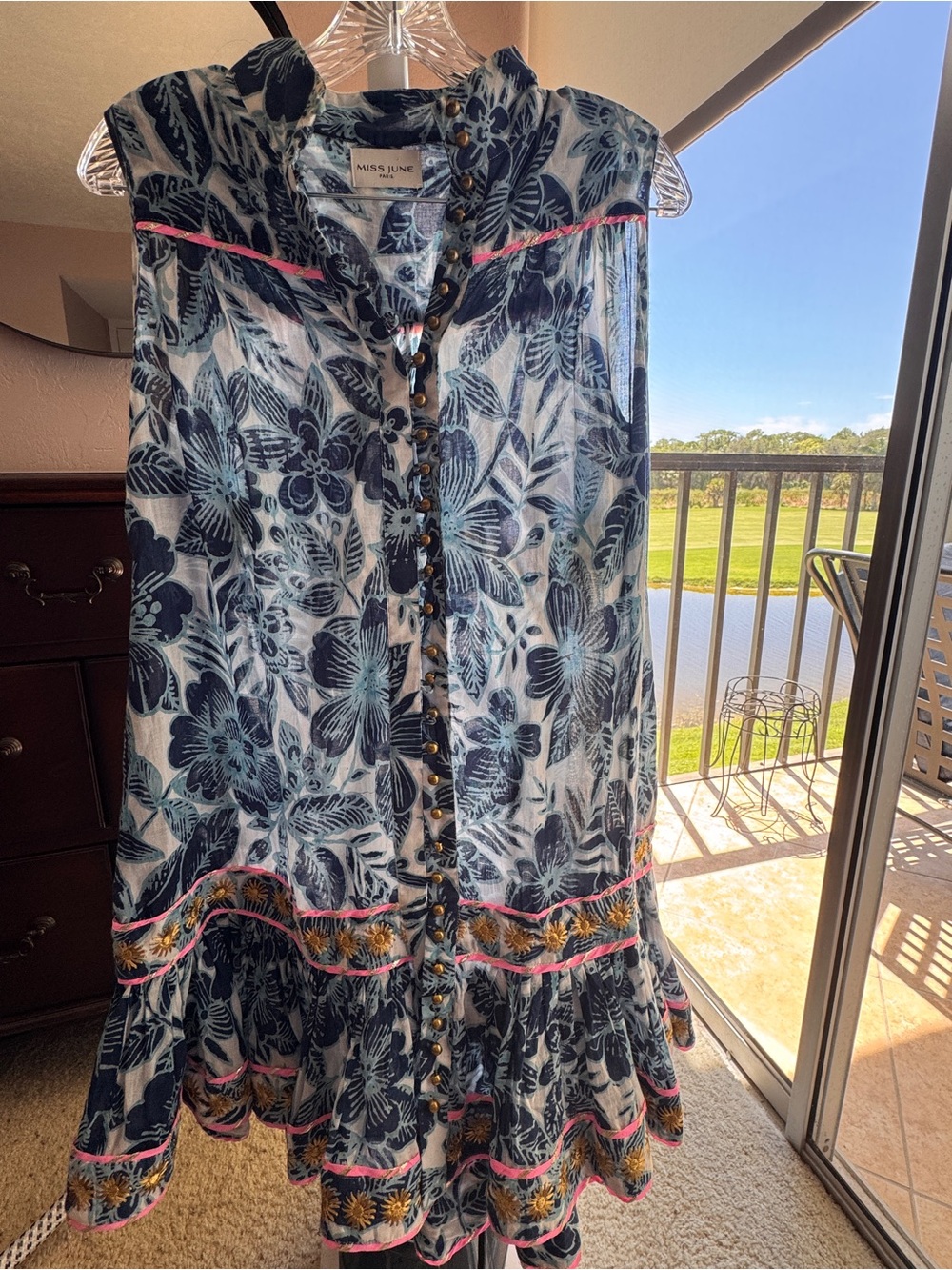LUXURY Miss June Blue Floral Mini Dress with Pink Trim